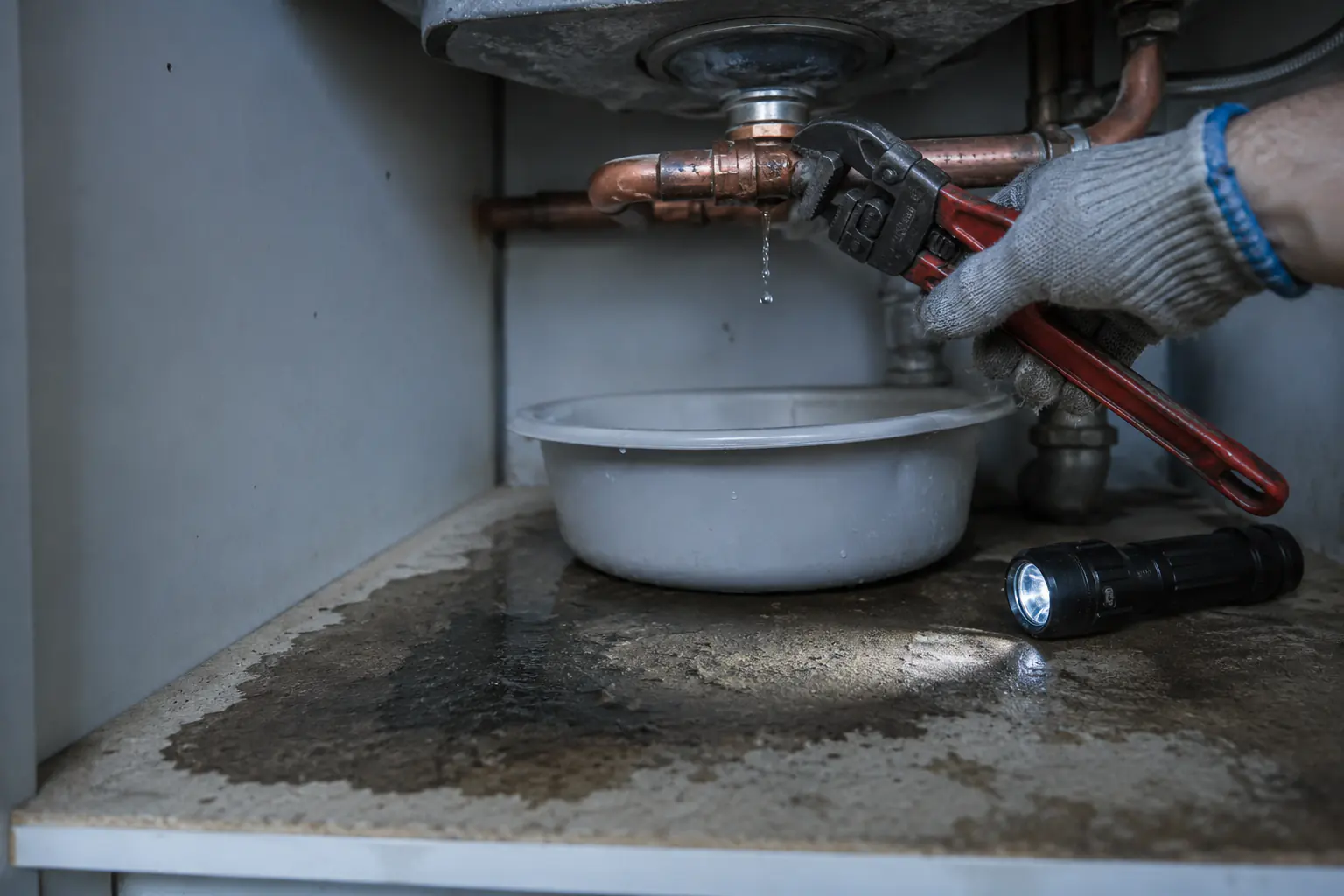 Tropfende Rohrverbindung unter einem Waschbecken mit Auffangschale